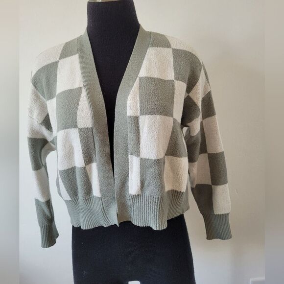 Jessica Simpson Checkered Cardigan Sage Green White Soft Cropped Oversized XS - Picture 6 of 9